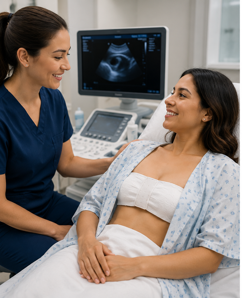 Clinician preparing a patient for an ultrasound with ModestyWrap in place